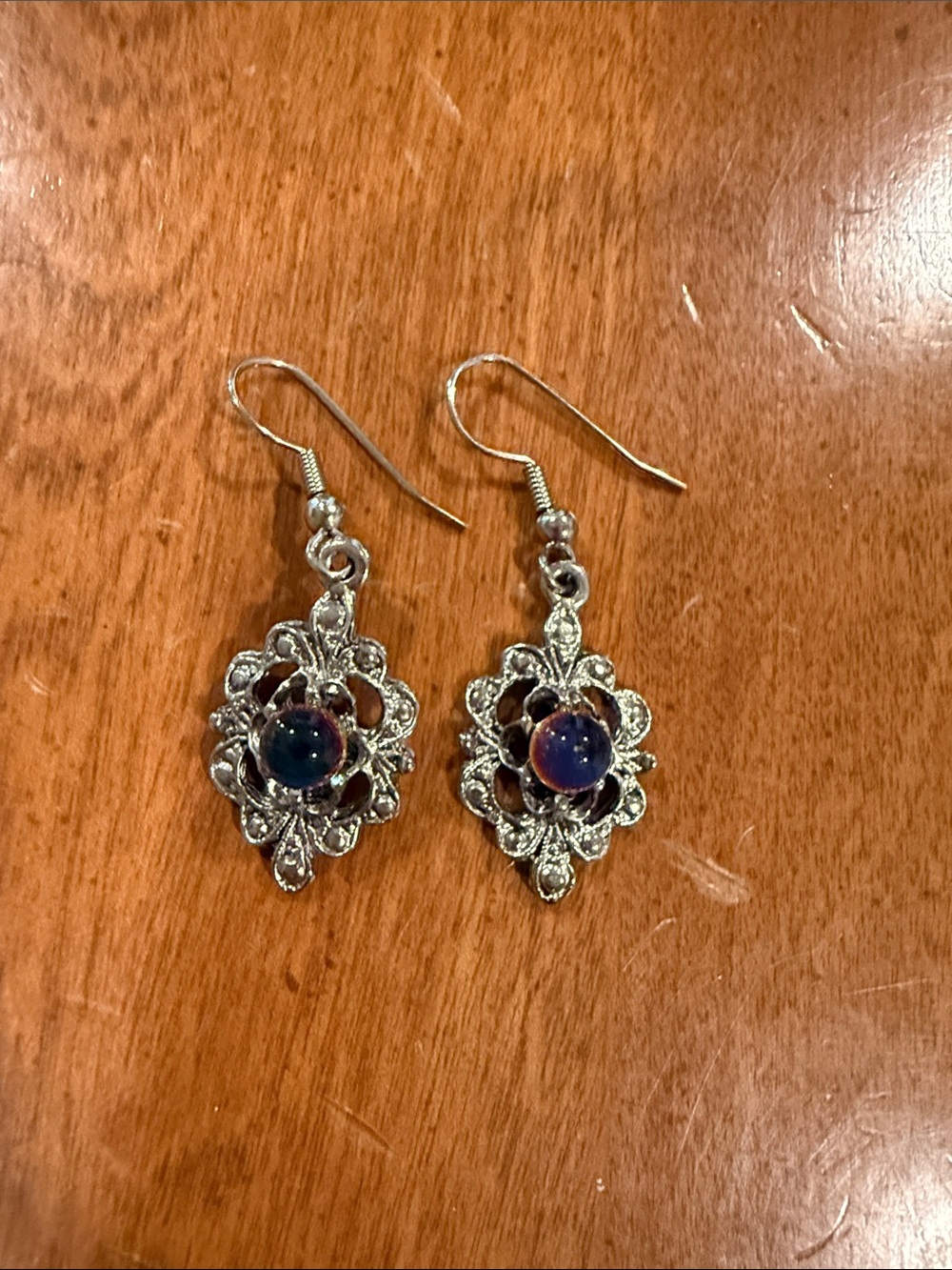 Silver-Tone Floral Drop Earrings with Iridescent Blue-Purple Cabochons